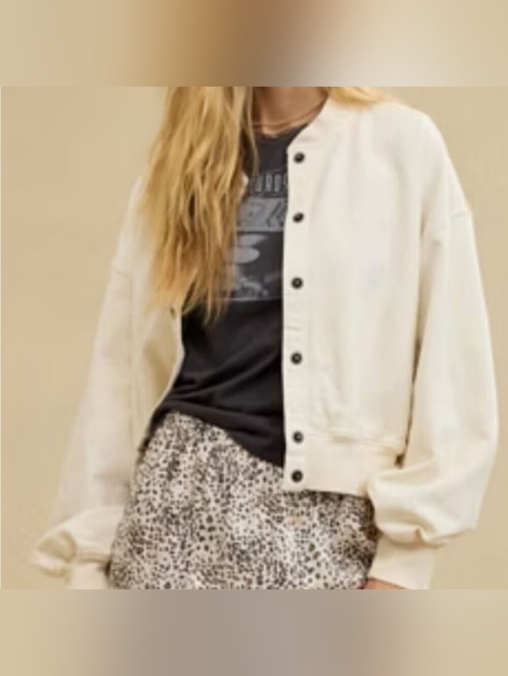 Aerie Soft Landing cropped cream denim bomber jacket Oversized XS Snap Buttons